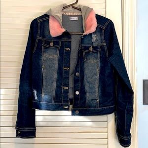 KIDS XL Jean Jacket with pink fur and grey hoodie